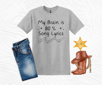 Funny saying tshirt,My brain is 80 percent song lyrics shirt in white,humorous shirt,perfect gift for music teacher or music lover - image2